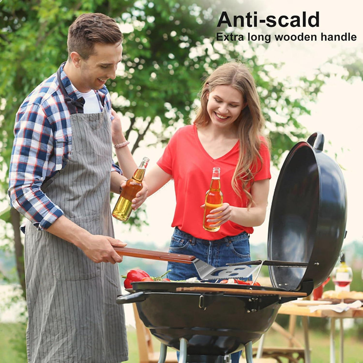 7-in-1 Grillspatel Edelstahl Holzgriff Grillutensilien-Set