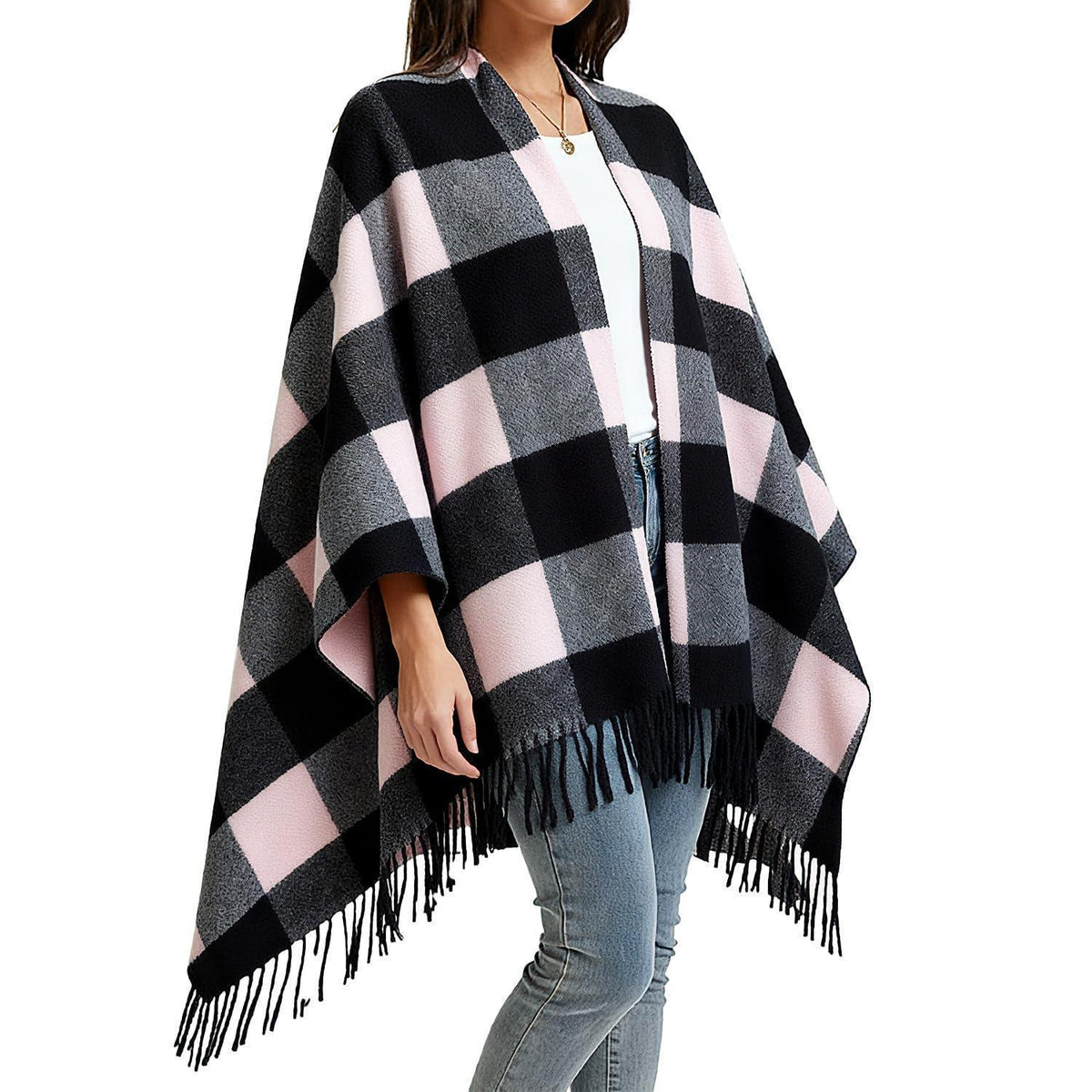 Karierte Damen Poncho Winter Schal aus Faux Kaschmir