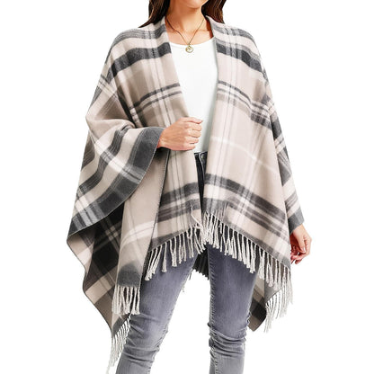 Damen Poncho Winter warm kariert Faux Kaschmir hellbraun