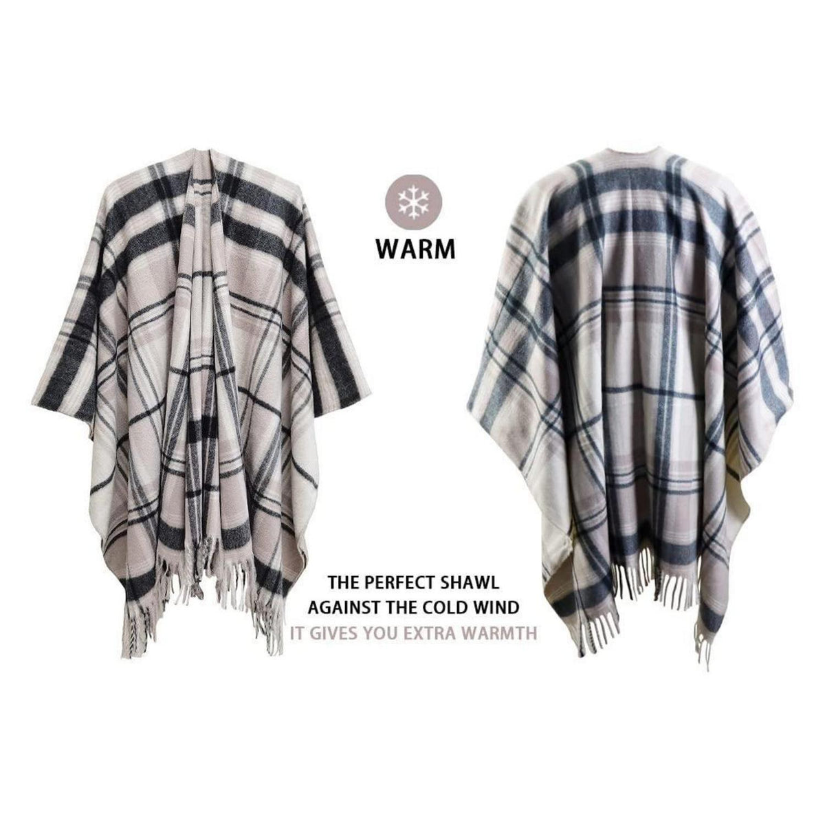 Damen Poncho Winter warm kariert Faux Kaschmir hellbraun