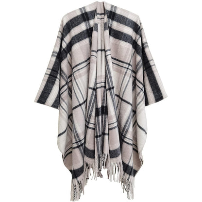 Damen Poncho Winter warm kariert Faux Kaschmir hellbraun