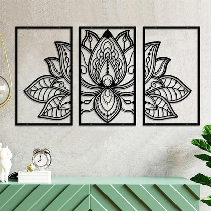 Großes Lotus-Blume-Metall-Wanddeko 3-teiliges Set Schwarz