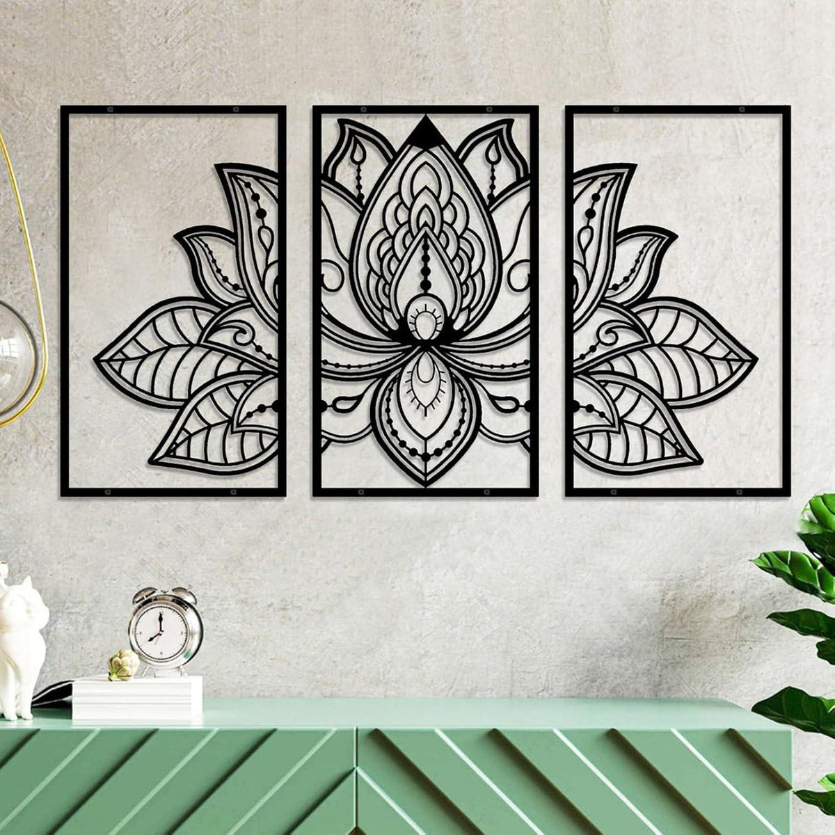 Großes Lotus-Blume-Metall-Wanddeko 3-teiliges Set Schwarz