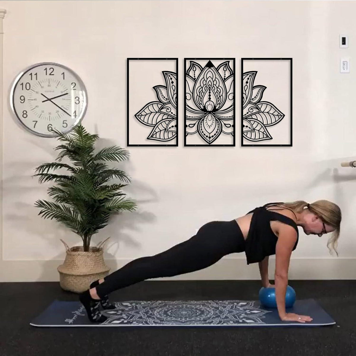 Lotus Mandala Metall Wanddeko Set Schwarz 110cm x 56cm