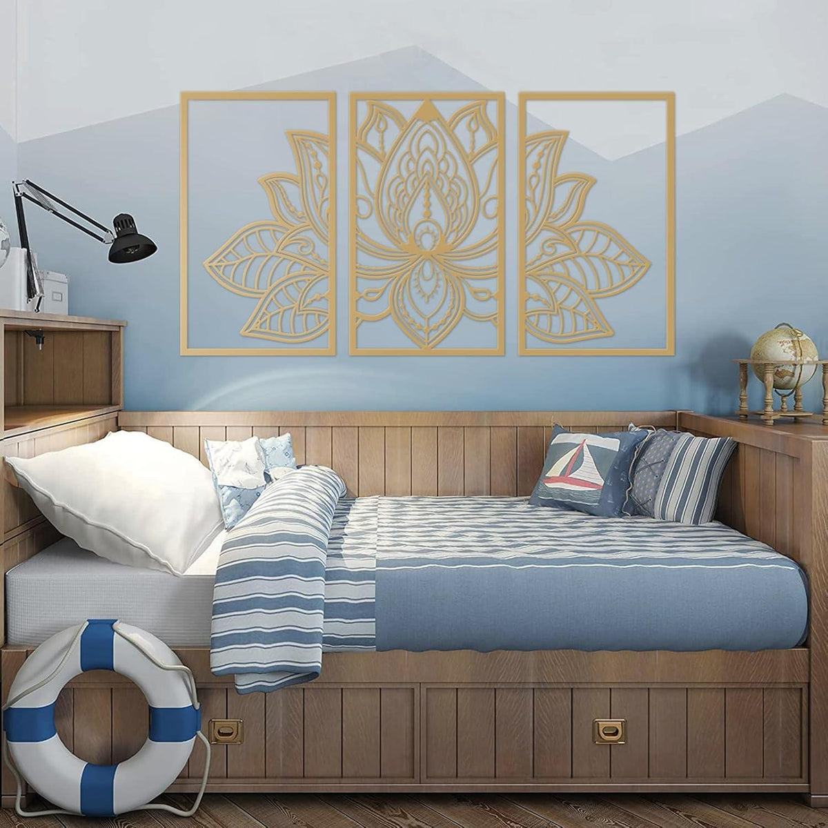 Großes 3-teiliges Lotussymbol Metall-Wanddeko-Set 110cm x 56cm Gold