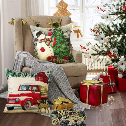 4er Set Weihnachten Kissenbezüge Leinen Deko Zierkissen Schneemann 40x40 cm