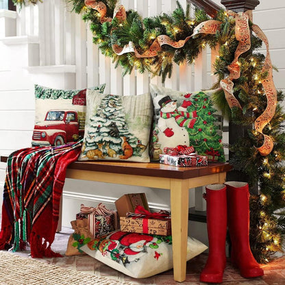 4er Set Weihnachten Kissenbezüge Leinen Deko Schneemann 40x40 cm Sofa