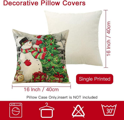 4er Set Weihnachten Kissenbezüge Leinen Deko Schneemann 40x40 cm Sofa