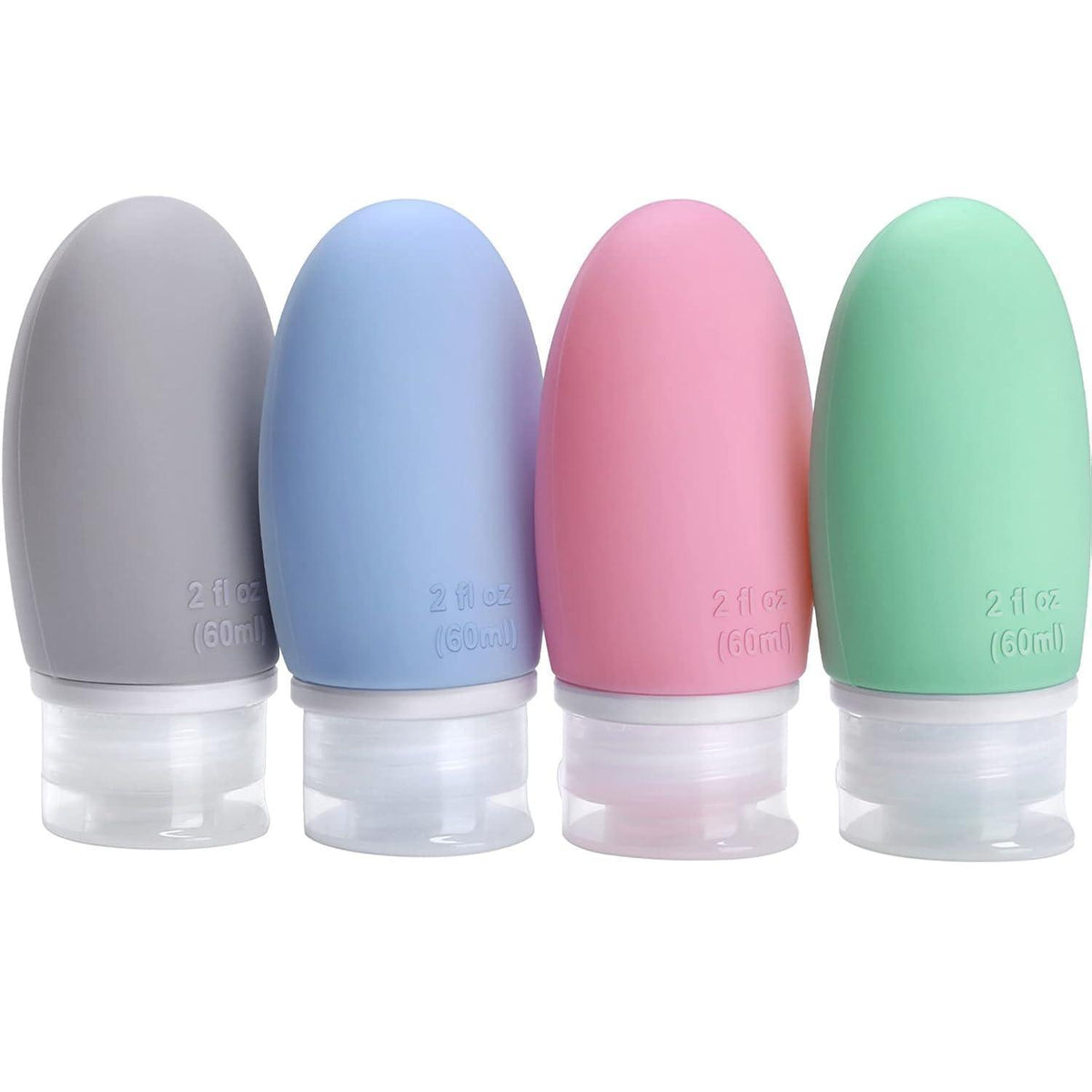 4er Set Silikon Reiseflaschen 60ml Auslaufsicher Nachfüllbar Blau Grün Rosa Grau