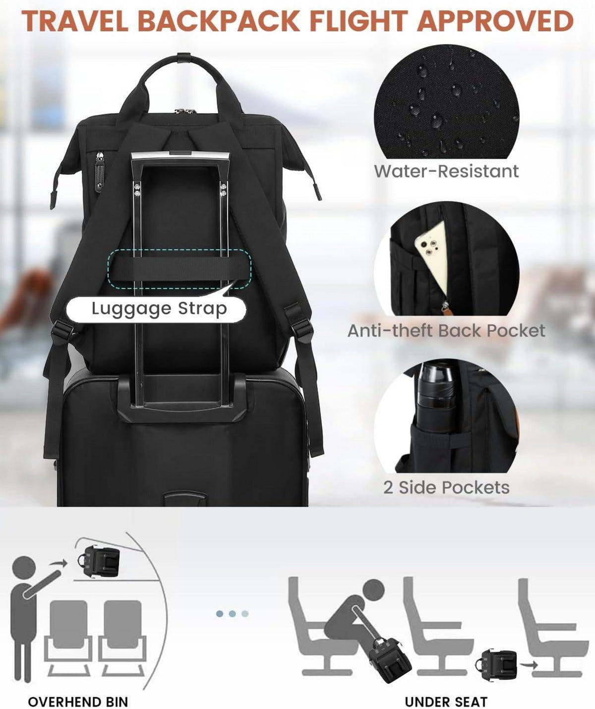 Wasserdichter LOVEVOOK Damen Rucksack 15,6 Zoll Laptop - Schwarz