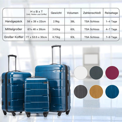 Hartschalen-Koffer Rollkoffer Reisekoffer TSA-Schloss Blau 3tlg