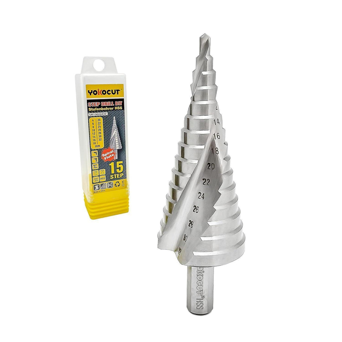 Stufenbohrer HSS 4-32mm 15 Stufen mit Drehzahltabelle