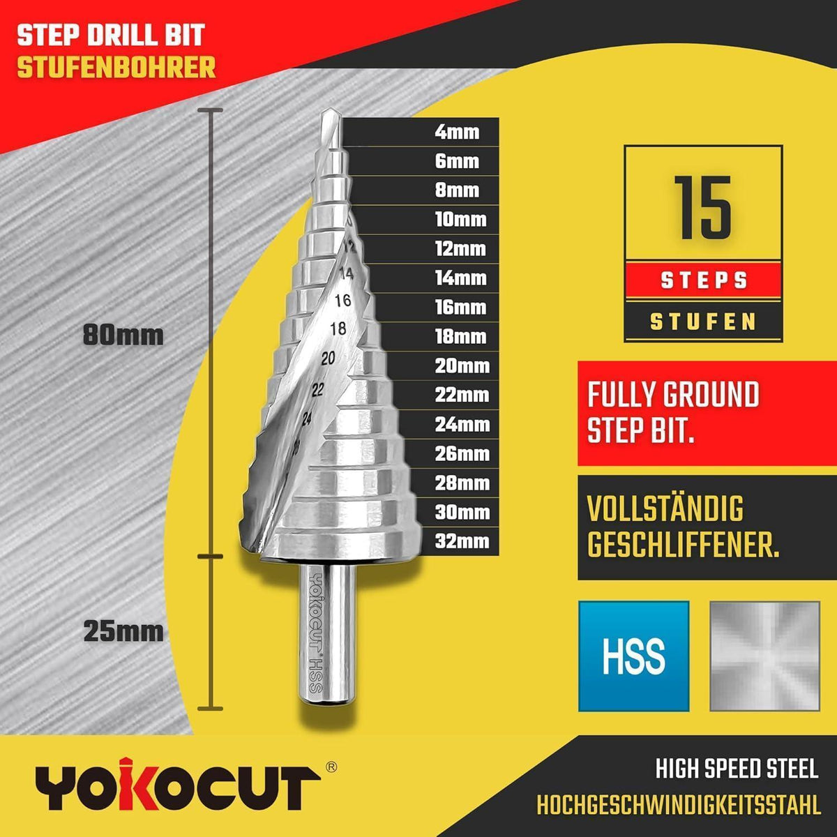 Stufenbohrer HSS 4-32mm 15 Stufen mit Drehzahltabelle
