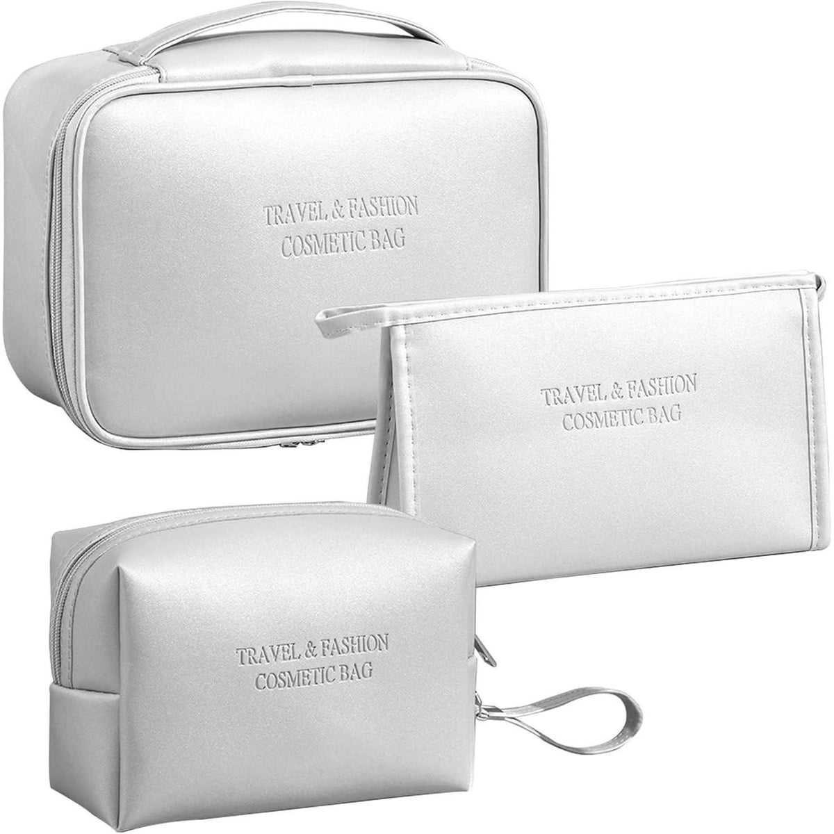 3er Set Kosmetiktaschen Damen PU Wasserdicht Reise Make-up Tasche Kulturbeutel Schwarz Silber