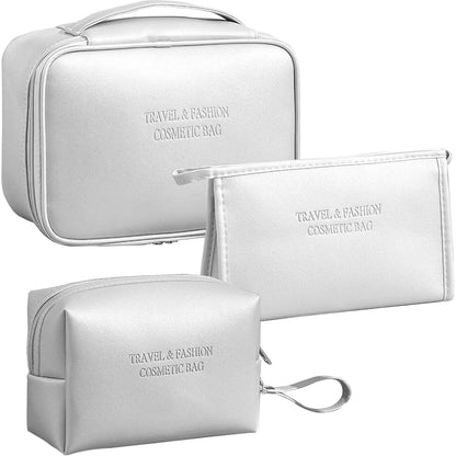 3er Set Kosmetiktaschen Damen PU Wasserdicht Reise Make-up Tasche Kulturbeutel Schwarz Silber