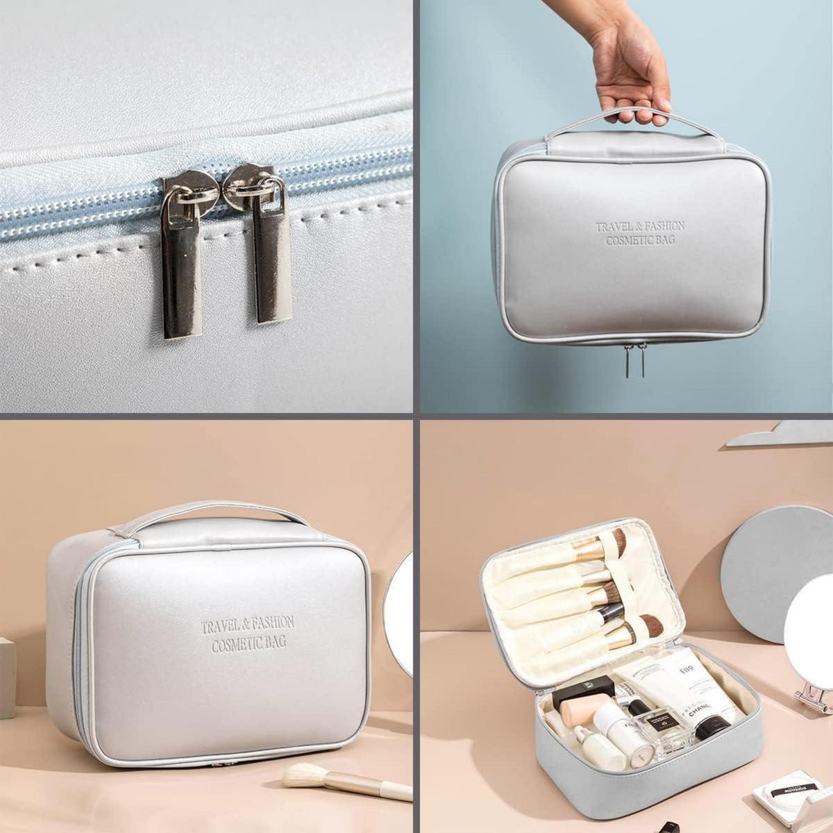 3er Set Kosmetiktaschen Damen PU Wasserdicht Reise Make-up Tasche Kulturbeutel Schwarz Silber