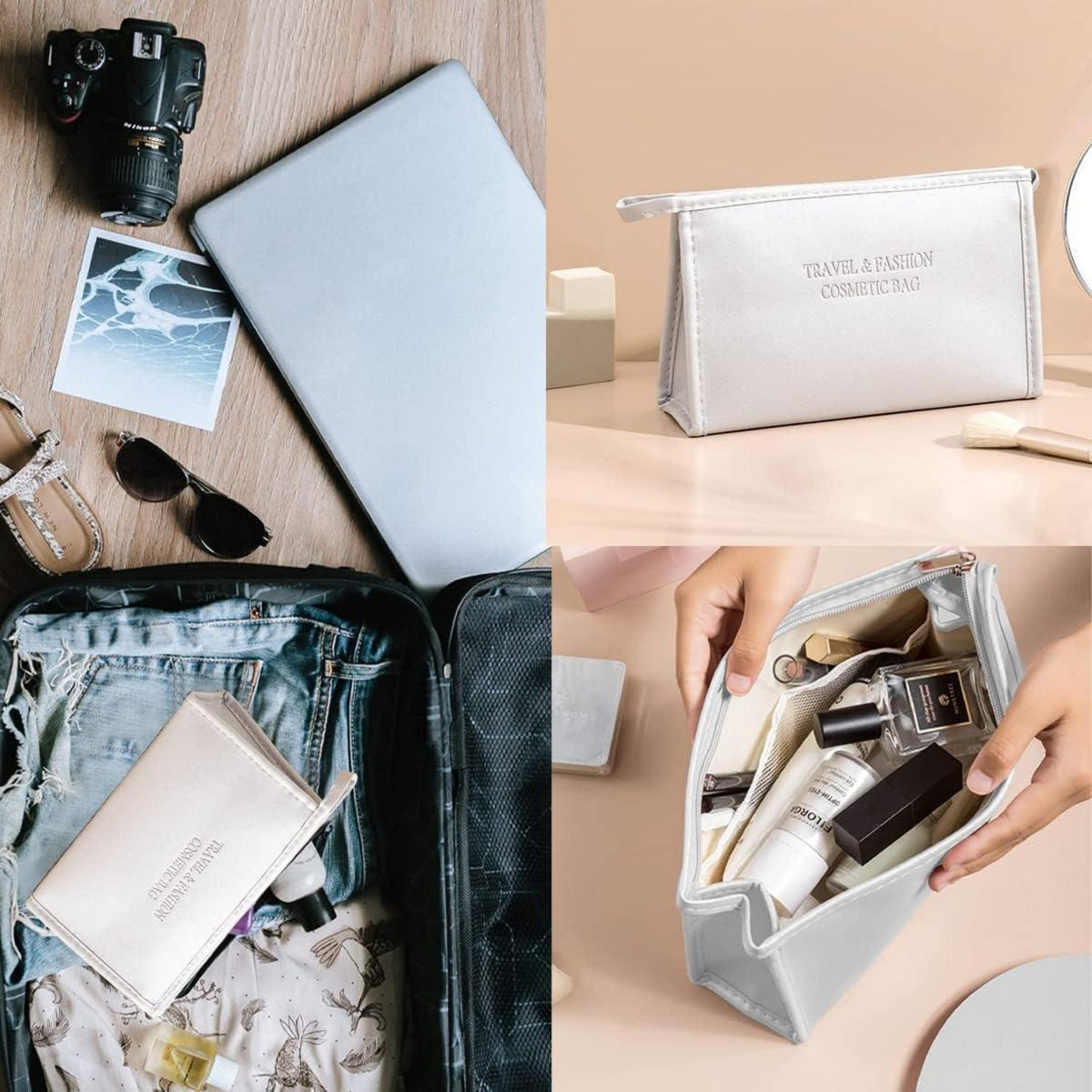 3er Set Kosmetiktaschen Damen PU Wasserdicht Reise Make-up Tasche Kulturbeutel Schwarz Silber