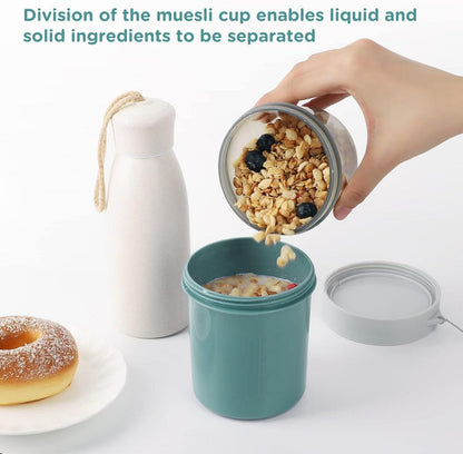 Müsli to go Becher 560ml+310ml Auslaufsicher Joghurtbecher Unterwegs Blau Grün