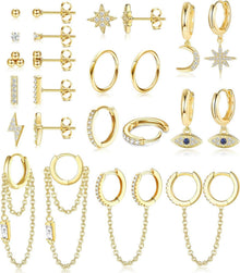 Kleine Damen Edelstahl Ohrringe Set mit Kette & Zirkon, 12Paar