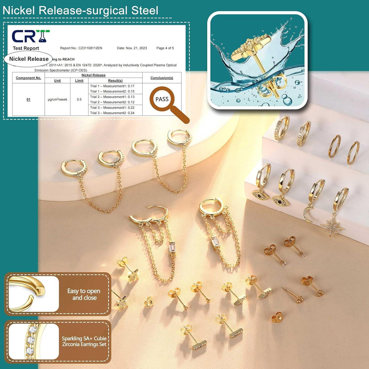 12Paar Kleine Ohrstecker Damen Set Edelstahl Mini Creolen Anhänger Kette Zirkon