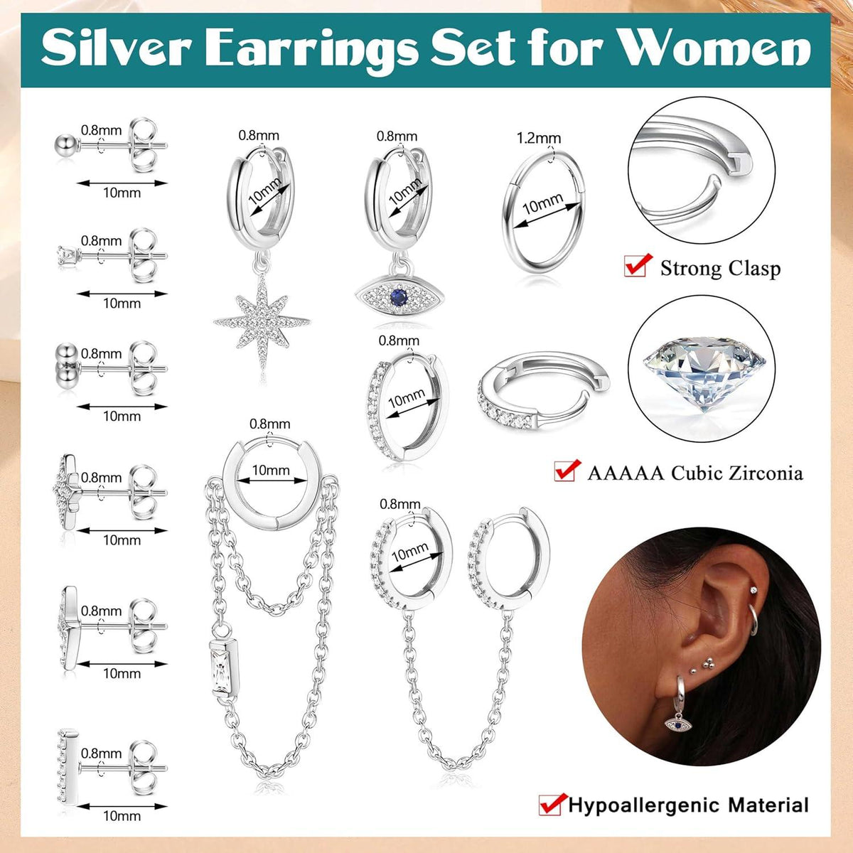 12er Set Damen Edelstahl Ohrstecker Mini Creolen mit Zirkon Anhängern