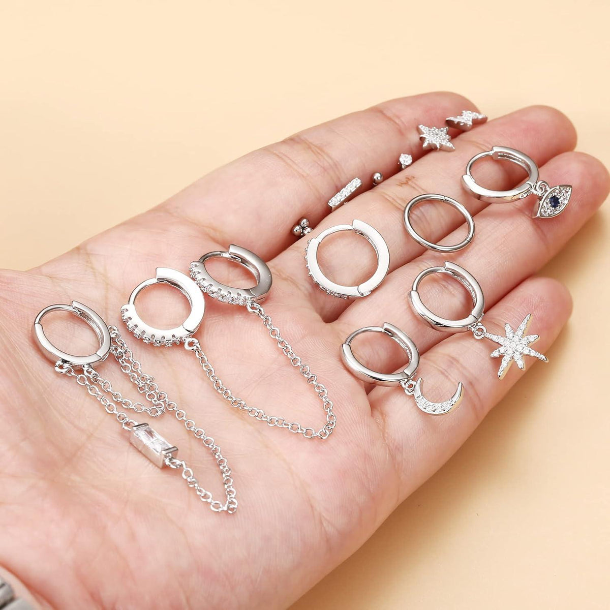 JeweBella 12Paar Kleine Ohrstecker Set Edelstahl Zirkon Mini Creolen Anhänger