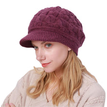 Damen Wollmütze mit Schirm, warme Strickmütze mit Fleece-Futter, violett