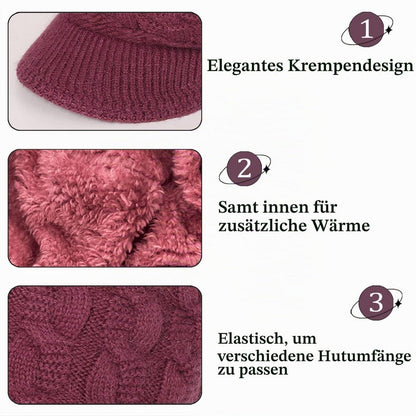 Damen Wollmütze mit Schirm, warme Strickmütze mit Fleece-Futter, violett