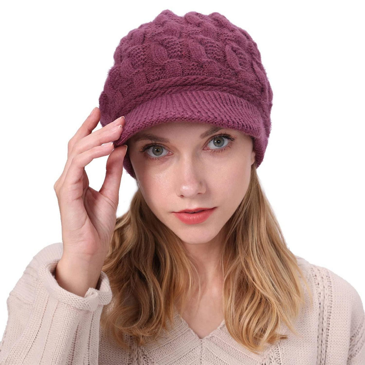 Damen Wollmütze mit Schirm, warme Strickmütze mit Fleece-Futter, violett