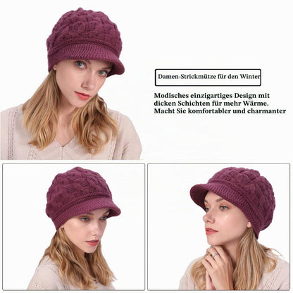 Damen Wollmütze mit Schirm, warme Strickmütze mit Fleece-Futter, violett