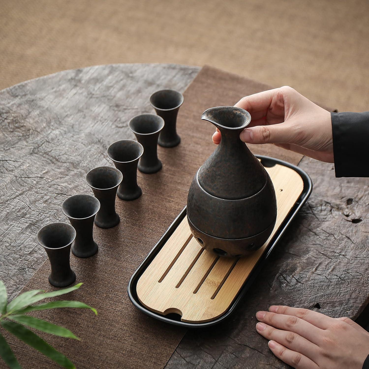 Japanisches Sake Karaffen Set 10-teilig, Keramik, Bambus Tablett