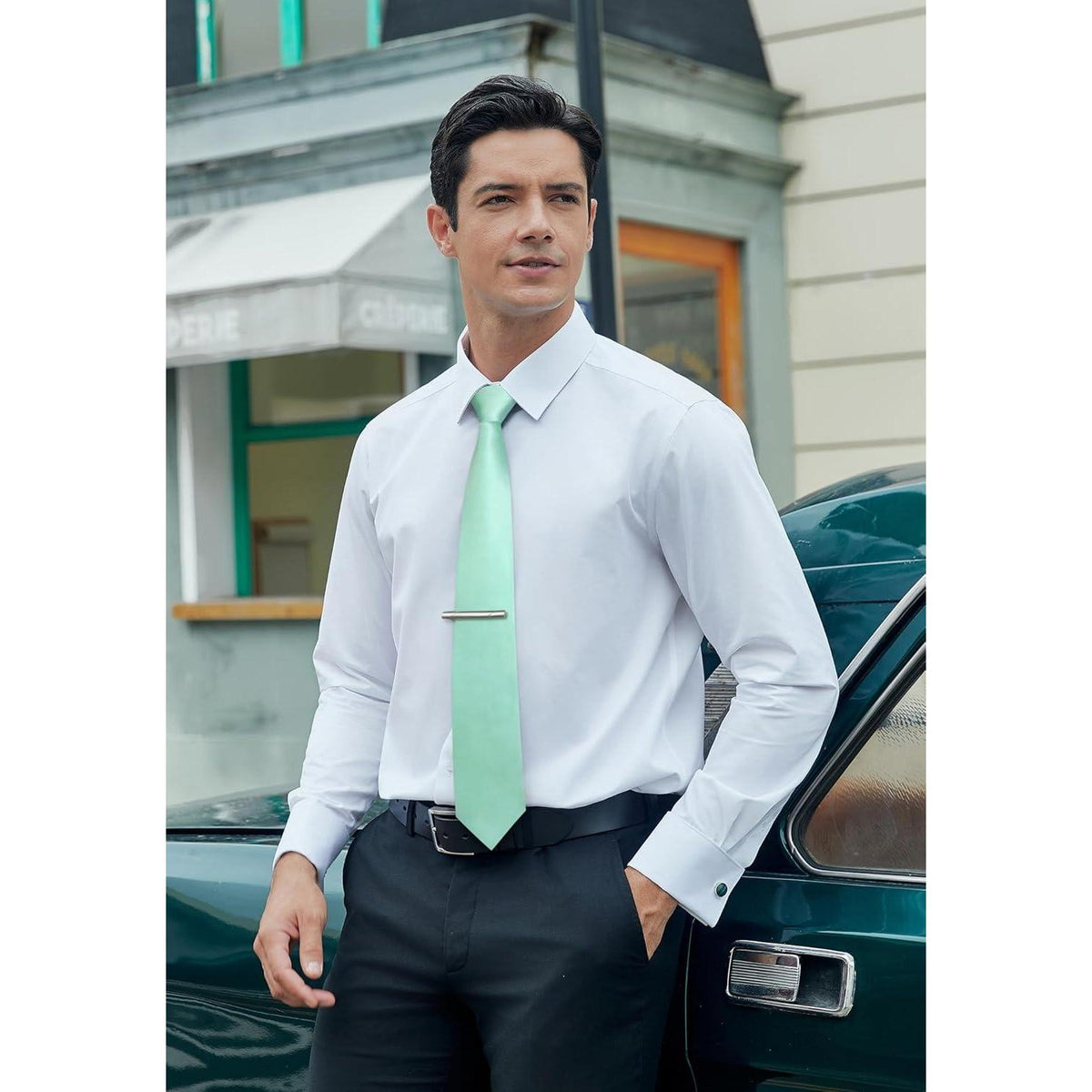 Herren Krawatten-Set mit Einstecktuch & Krawattenklammer, Mintgrün