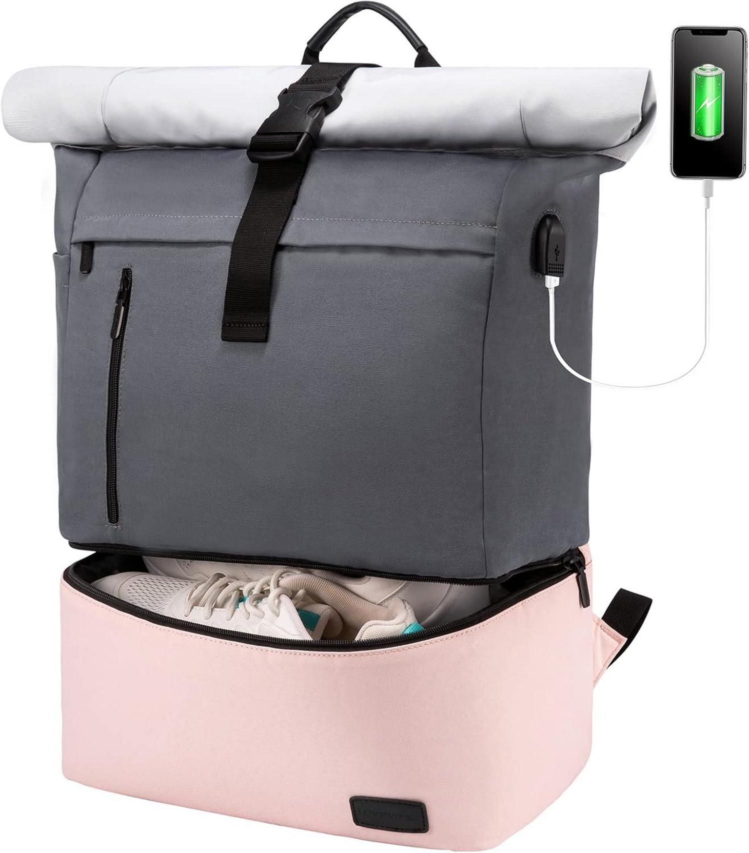 Rolltop Rucksack Damen 17 Zoll Schuhfach Wasserdicht USB-Ladeanschluss