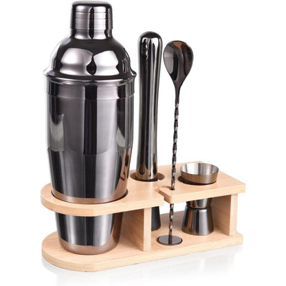 Cocktail Shaker Set 5-teilig Edelstahl mit Holzständer Grau