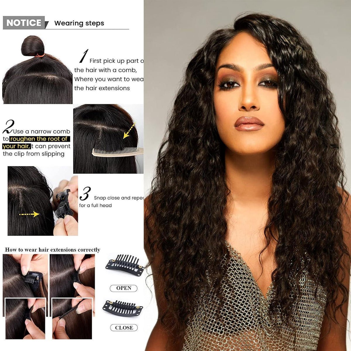 50cm gewellte Haarverlängerung mit 6 Clips – Schwarz