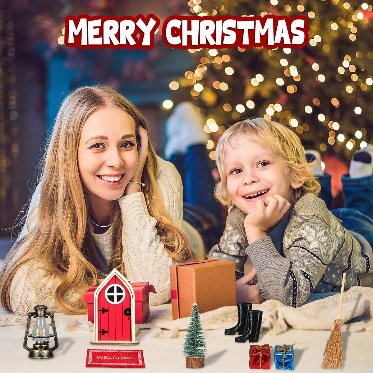 Miniatur Wichteltür Set Weihnachtsdeko Feentür Holz Zubehör Rot