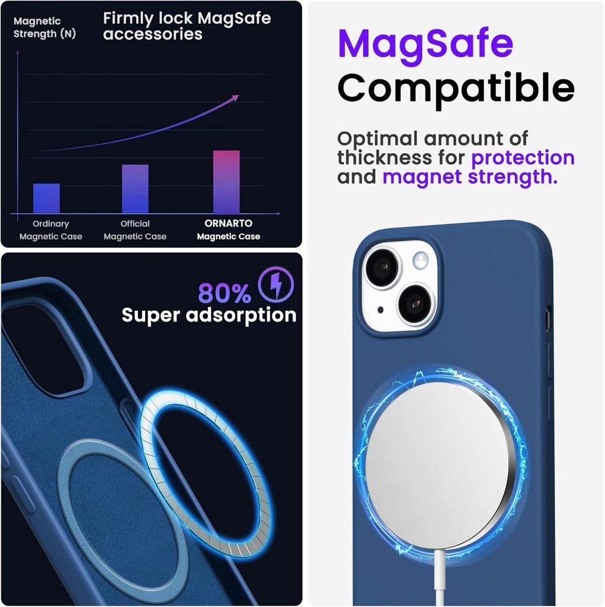 ORNARTO Magnetische Silikonhülle für iPhone 14 Plus 6,1 Zoll 2022 - Dunkelblau