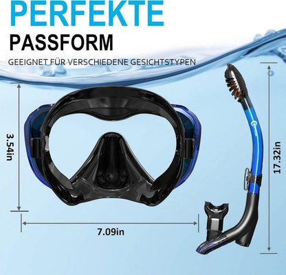Schnorchelset Panorama Tauchmaske Anti-Fog Premium Dry Schnorchel Blau