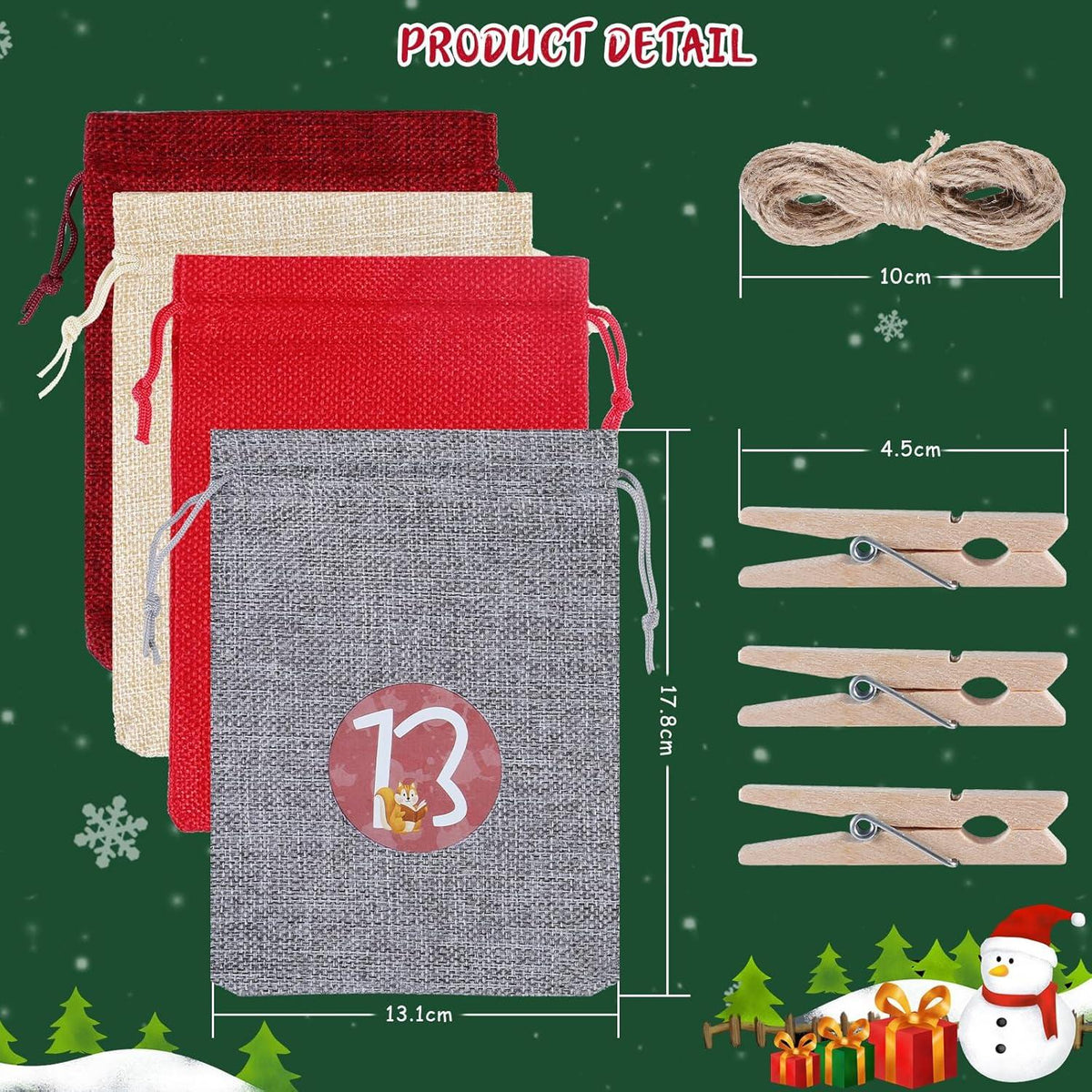 Adventskalender zum Befüllen mit 24 Weihnachtstüten aus Jute