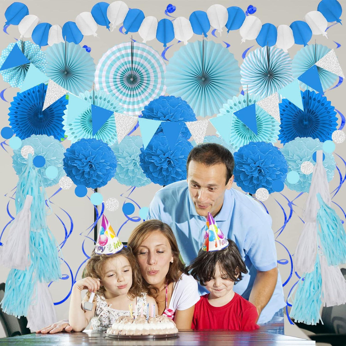Blau Party Deko Set 41 Stück Pompoms Girlande Hochzeit