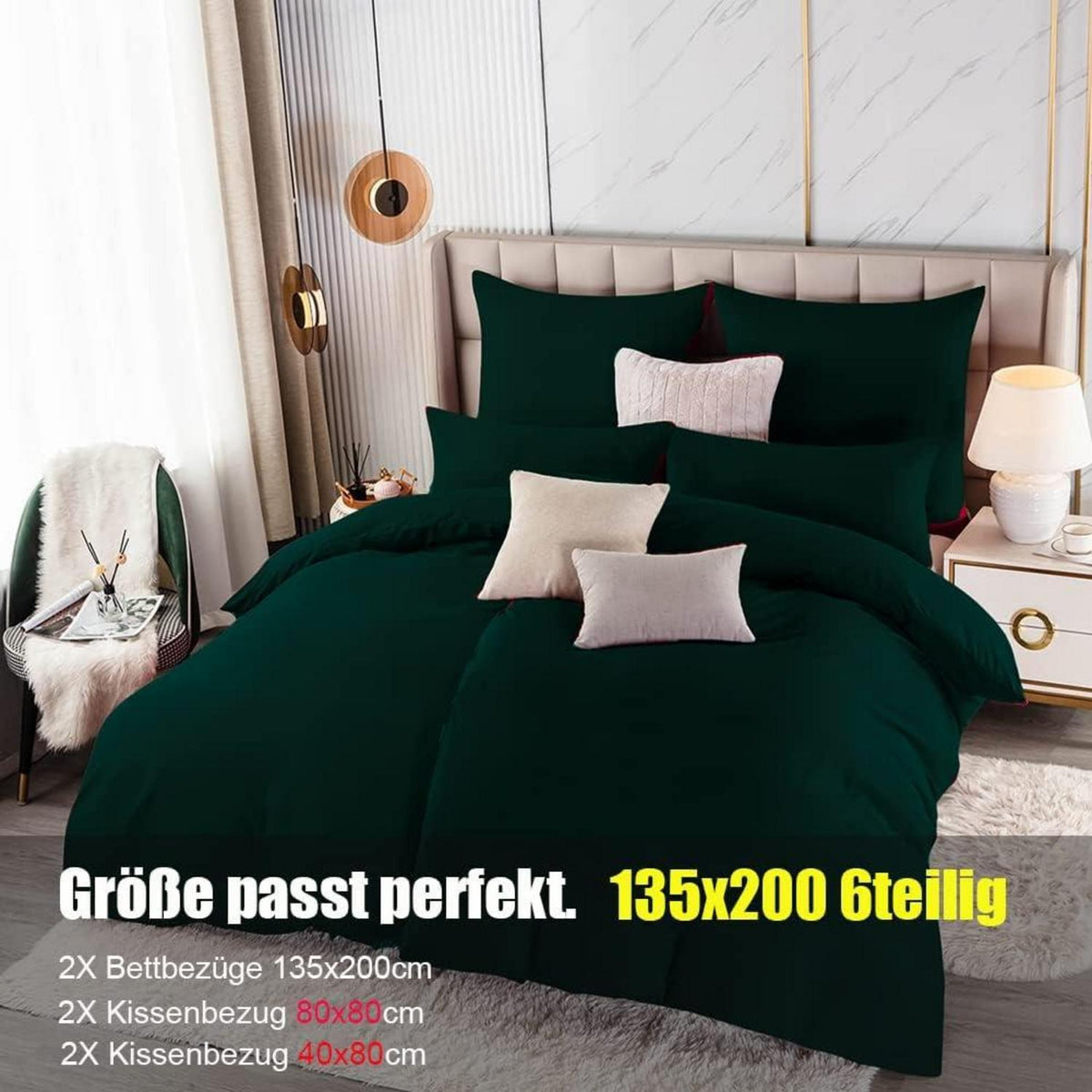 Soifox Bettwäsche 135x200 6tlg Grün Mikrofaser Reißverschluss weich bügelfrei