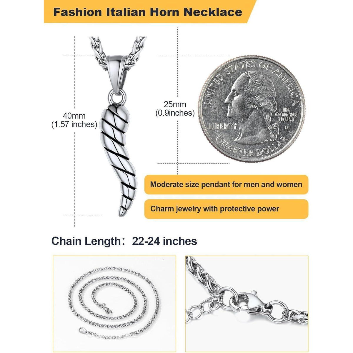 Italienisches Horn Halskette 316L Edelstahl Silber Glücksbringer Amulett