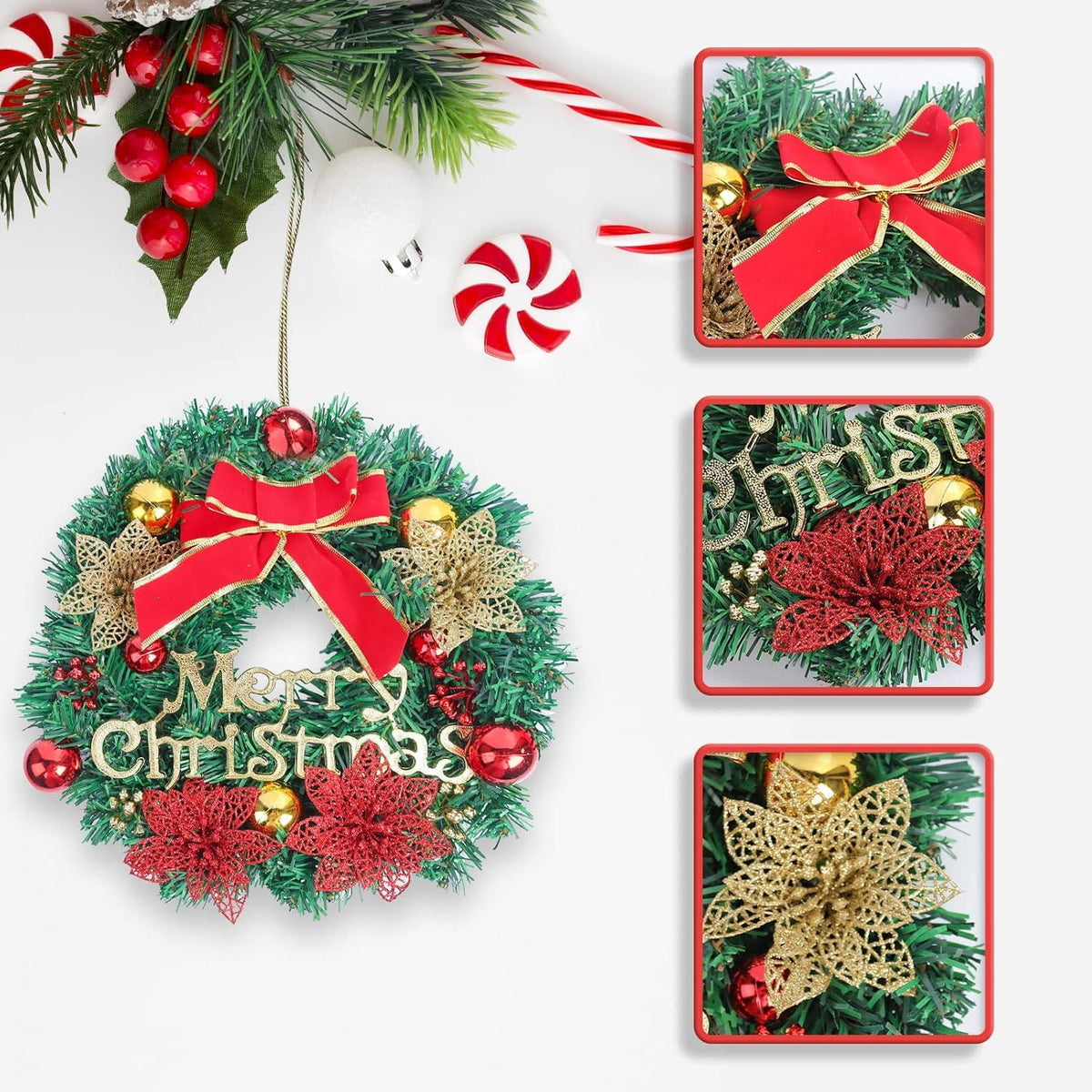 Weihnachtskranz mit Weihnachtsgirlande und Geschenkkugeln