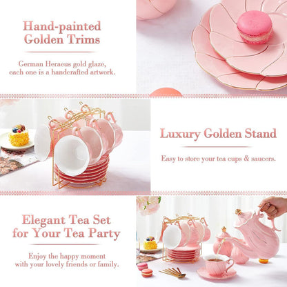 Luxuriöses Teeservice für 6 Personen, Porzellan, Goldrand, Rosa