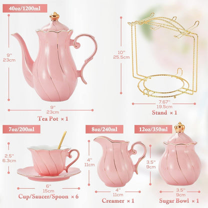 Luxuriöses Teeservice für 6 Personen, Porzellan, Goldrand, Rosa