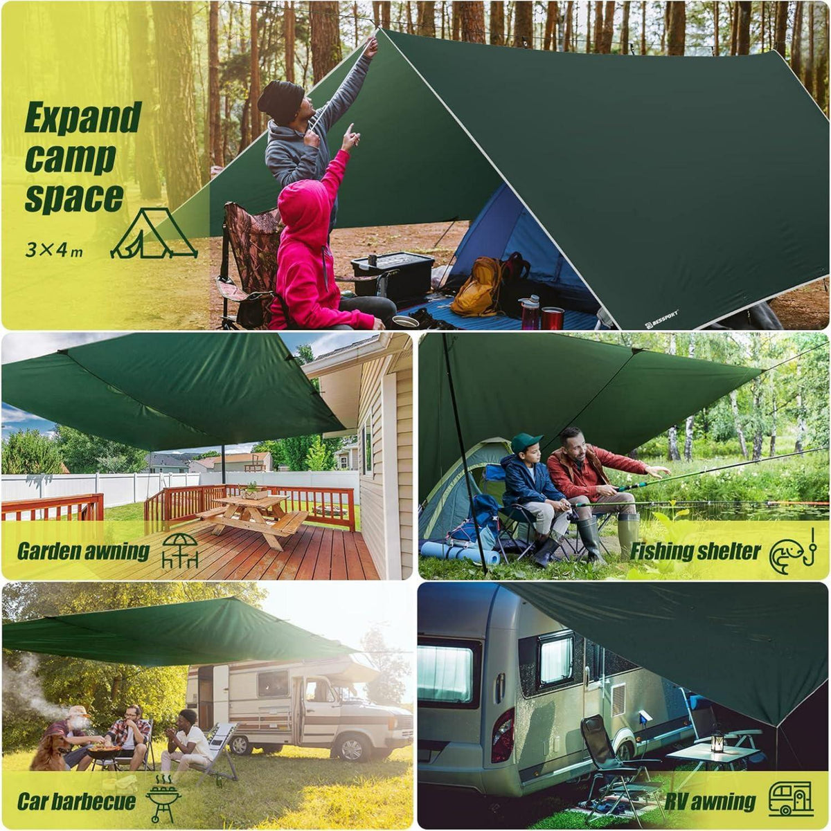 Zeltplane Camping Tarp 3x4m Wasserdicht PU3000mm Hängematte Ösen 6