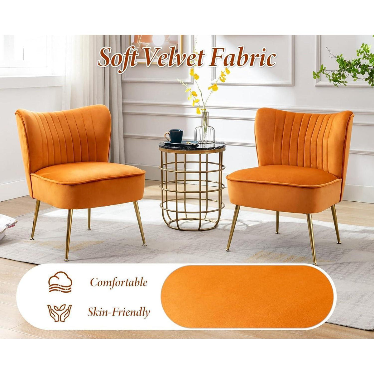 Samt Polsterstuhl Orange – Moderner Lesesessel mit Metallbeinen