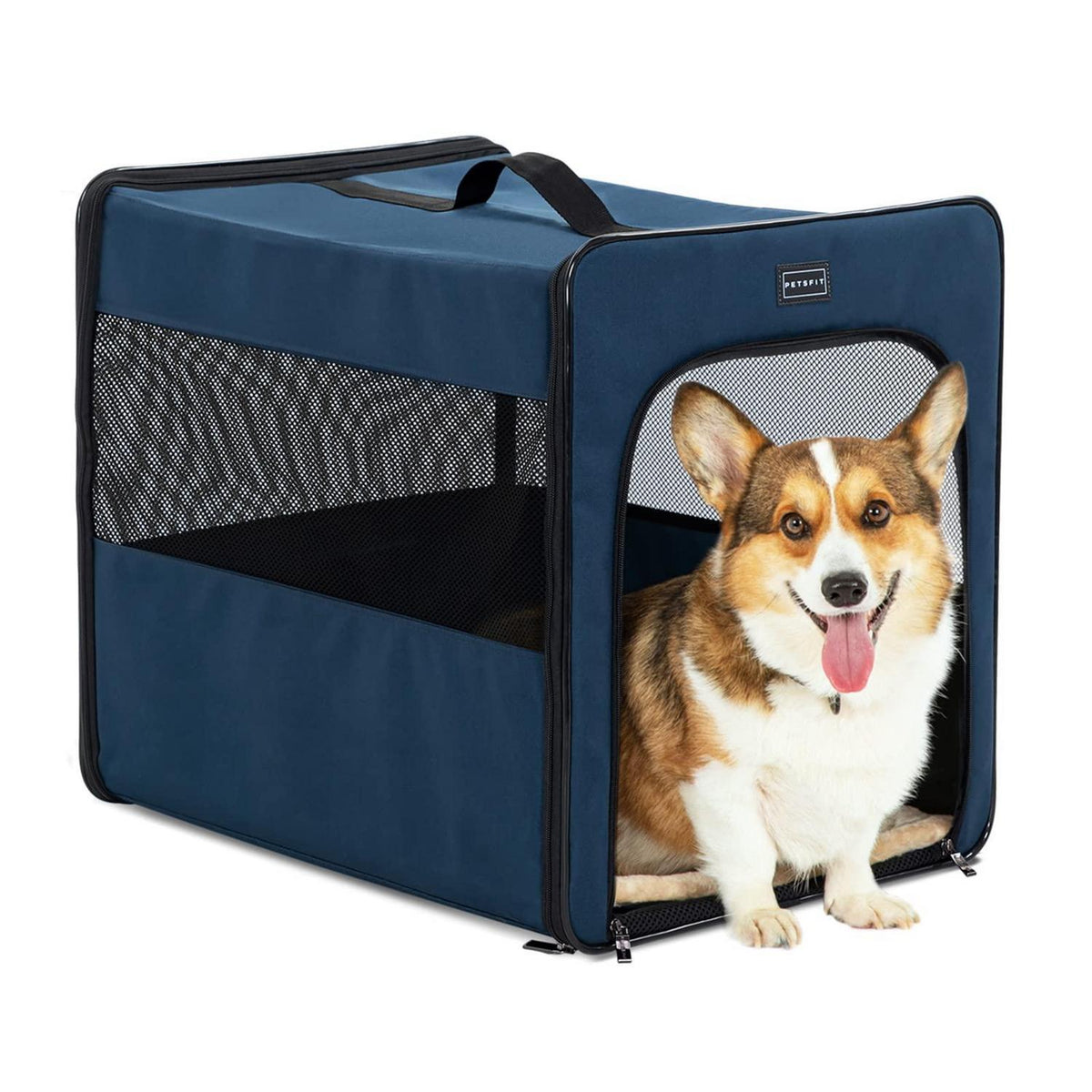 Faltbare Hundebox Auto mit Plüschmatte – Blau, M 61x46x53.5cm