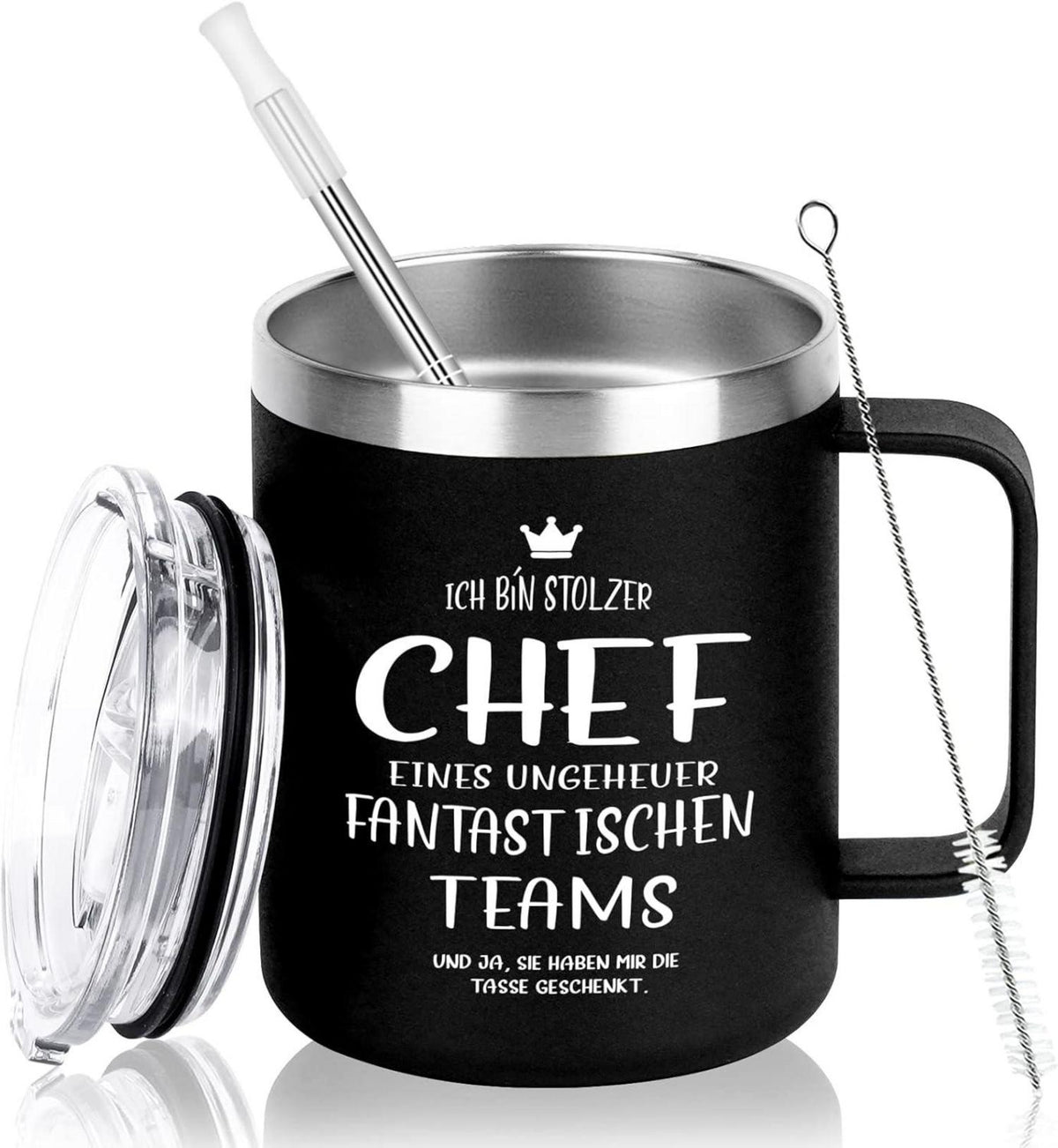 Isolierter Weinbecher Edelstahl 12oz Schwarz mit Strohhalm