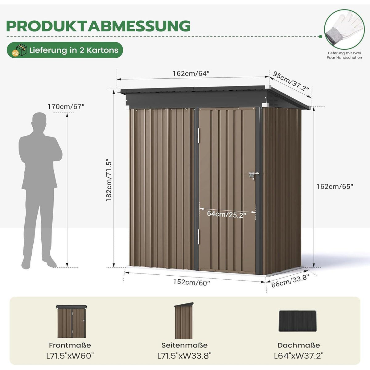 Gartenhaus Metall 162x86 cm mit Pultdach & Fundamentrahmen